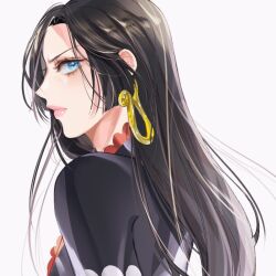 Rule 34 | 1girl, 1miiiiiina, back, black hair, blue eyes, boa hancock, commentary request, dress, earrings, from below, hime cut, jewelry, korean commentary, long hair, looking at viewer, one piece, pink lips, profile, simple background, solo, upper body, white background
