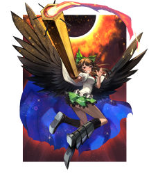 Rule 34 | 1girl, absurdres, ahoge, arm cannon, arm up, armored boots, asymmetrical footwear, bird wings, black footwear, black thighhighs, black wings, boots, bow, breasts, brown hair, cape, commentary request, control rod, feathered wings, fire, frilled skirt, frills, full body, green bow, green skirt, grin, hair bow, highres, large breasts, long hair, looking at viewer, miniskirt, mismatched footwear, open mouth, outside border, ponytail, puffy short sleeves, puffy sleeves, red eyes, red hair, reiuji utsuho, shirt, shoes, short sleeves, single shoe, skirt, smile, socks, solo, sparkle, starry sky print, teeth, teo (telo ruka), thighhighs, thighs, third eye, touhou, weapon, white cape, white shirt, wings