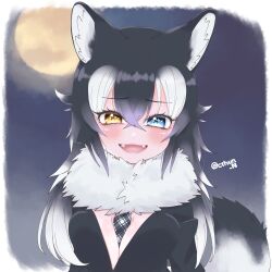 Rule 34 | 1girl, absurdres, animal ears, black hair, blazer, blue eyes, breasts, cthun n, extra ears, fang, full moon, grey wolf (kemono friends), heterochromia, highres, jacket, kemono friends, large breasts, long hair, looking at viewer, moon, multicolored hair, necktie, night, night sky, scarf, simple background, sky, solo, tail, two-tone hair, upper body, white hair, wolf ears, wolf girl, wolf tail, yellow eyes