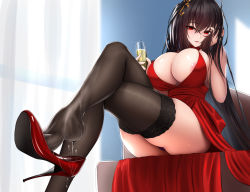 Rule 34 | 1girl, ahoge, areola slip, azur lane, bare shoulders, black hair, black thighhighs, blush, breasts, choker, cleavage, cocktail dress, crossed legs, cup, dress, feet, hair between eyes, hair ornament, hand on own cheek, hand on own face, high heels, highres, holding, holding cup, huge breasts, large breasts, long hair, looking at viewer, nekoda (maoda), official alternate costume, one side up, pumps, red choker, red dress, red eyes, red footwear, shoe dangle, shoes, sitting, skindentation, smile, solo, stiletto heels, taihou (azur lane), taihou (forbidden feast) (azur lane), thighhighs, very long hair, wet, wet clothes