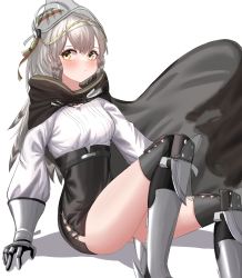 Rule 34 | 1girl, absurdres, arknights, armor, black cape, black skirt, breasts, cape, chewycandy, commentary, fartooth (arknights), greaves, grey hair, headgear, high-waist skirt, highres, long hair, looking at viewer, pencil skirt, shirt, simple background, sitting, skirt, small breasts, solo, thighs, vambraces, white background, white shirt, yellow eyes