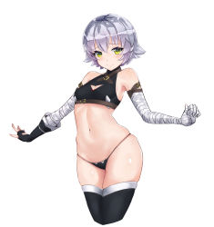 Rule 34 | bandaged arm, bandages, bencao gangmu (19), bikini, black bikini, black gloves, black legwear, blush, center opening, crop top, fate/apocrypha, fate/grand order, fate (series), fingerless gloves, gloves, highres, hip focus, jack the ripper (fate/apocrypha), light smile, looking at viewer, navel, outstretched arms, panties, short hair, silver hair, simple background, single glove, skindentation, solo, string panties, swimsuit, underwear, white background, yellow eyes