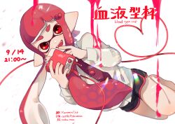 Rule 34 | 1girl, absurdres, artist name, black shorts, blood, blood bag, blood donation, fangs, hair ornament, heart, heart hair ornament, highres, holding, inkling, inkling girl, inkling player character, long hair, long sleeves, looking at viewer, nintendo, open mouth, pointy ears, red eyes, red hair, sahata saba, shirt, short shorts, shorts, smile, solo, splatoon (series), tentacle hair, tube, twitter username, white background, white shirt