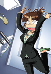 Rule 34 | 10s, 1girl, @ @, akizuki ritsuko, anger vein, angry, antenna hair, breasts, brown eyes, brown hair, business suit, cleavage, cover image, cup, folded ponytail, formal, glasses, high heels, idolmaster, idolmaster (classic), idolmaster 2, mashin eiichirou, medium breasts, mikagushinutsu, motion lines, open mouth, pant suit, pants, paper, shoes, solo, suit, table, table flip, teacup, tears