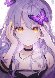 Rule 34 | 1girl, arms up, bang dream!, bare shoulders, black choker, black shirt, breasts, bug, butterfly, butterfly on head, choker, cleavage, collarbone, commentary request, earrings, expressionless, fingernails, hair between eyes, hands on own face, highres, insect, jacket, jewelry, light particles, light purple hair, long hair, looking at viewer, medium breasts, minato yukina, nail polish, necklace, off shoulder, panprika, parted lips, pendant, petals, portrait, purple jacket, see-through, shirt, signature, simple background, single earring, sleeveless, sleeveless shirt, solo, upper body, wavy hair, white background, yellow eyes, yellow nails