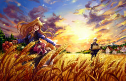 Rule 34 | 1boy, 1girl, :d, animal ears, apple, basket, brown hair, cloud, craft lawrence, cxonline, fir tree, food, fruit, holo, house, kitsune, long hair, long sleeves, mountain, open mouth, sky, smile, spice and wolf, sun, sunset, tail, tree, wheat field, white hair, wolf ears, wolf girl, wolf tail