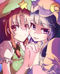 Rule 34 | 2girls, blush, cheek-to-cheek, eightman, embodiment of scarlet devil, female focus, holding hands, hat, heads together, hong meiling, multiple girls, patchouli knowledge, smile, touhou