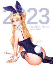 Rule 34 | 1girl, 2023, absurdres, animal ears, ass, bishoujo senshi sailor moon, black footwear, black leotard, black thighhighs, blue eyes, breasts, chinese zodiac, commentary, detached collar, double bun, earrings, english commentary, english text, fake animal ears, fake tail, from behind, hair behind ear, hair bun, high heels, highres, jeffholy, jewelry, leotard, looking at viewer, looking back, medium breasts, parted bangs, parted lips, playboy bunny, rabbit ears, rabbit tail, realistic, sailor moon, sitting, solo, star (symbol), star earrings, tail, thighhighs, tsukino usagi, white background, year of the rabbit
