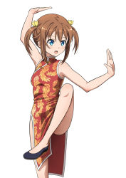 Rule 34 | 1girl, alternate costume, black footwear, blue eyes, brown hair, china dress, chinese clothes, commentary request, dress, flat chest, floral print, high school fleet, highres, hiraizumi (mugenkidousha), misaki akeno, open mouth, red dress, round teeth, school uniform, short hair, sidelocks, simple background, solo, standing, standing on one leg, teeth, twintails, upper teeth only, white background