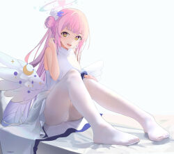 Rule 34 | angel wings, blue archive, commentary, dress, feathered wings, feet, flower, frilled ribbon, frills, fuenyuan, hair bun, hair flower, hair ornament, halo, highres, knees up, legs, long hair, looking at viewer, low wings, mika (blue archive), no shoes, open mouth, panties, pantyhose, pink hair, ribbon, single side bun, toes, underwear, white dress, white panties, white pantyhose, white wings, wing ornament, wings, yellow eyes