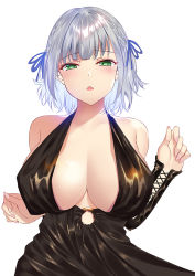 Rule 34 | 1girl, black dress, blue ribbon, blunt bangs, braid, breasts, commentary, dress, english commentary, fingernails, green eyes, hair ribbon, hand up, hololive, large breasts, looking at viewer, majin (kiidoumajin), mixed-language commentary, ribbon, shirogane noel, short hair, silver hair, simple background, solo, virtual youtuber, white background