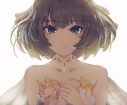 Rule 34 | 1girl, bad id, bad pixiv id, bare shoulders, blue eyes, brown hair, cape, choker, collarbone, commentary request, dated, gem, hands on own chest, idolmaster, idolmaster cinderella girls, jewelry, looking at viewer, minyom, own hands together, pendant, short hair, signature, simple background, solo, strapless, takagaki kaede, upper body, white background, yellow choker