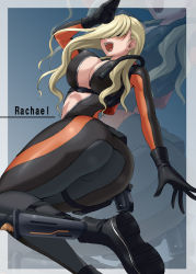 Rule 34 | 1girl, arm up, ass, black gloves, blonde hair, blush, bodysuit, breasts, center opening, character name, cleavage, curvy, diving suit, gloves, gun, hair over eyes, handgun, holster, huge ass, huge breasts, knife, long hair, looking back, looking to the side, minarai zouhyou, open mouth, pouch, rachael foley, resident evil, resident evil: revelations, salute, shoes, smile, solo, weapon, wetsuit, zipper