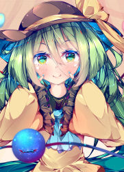 Rule 34 | 1girl, alternate hair length, alternate hairstyle, ascot, black hat, blue ascot, blue nails, blush, bow, brown background, closed mouth, fant, fingers to cheeks, flat chest, frills, green eyes, green hair, hair between eyes, hat, hat bow, highres, komeiji koishi, long hair, long sleeves, looking at viewer, nail polish, shirt, simple background, sleeves past wrists, smile, solo, third eye, touhou, upper body, very long hair, wide sleeves, yellow bow, yellow shirt