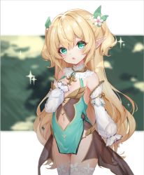 Rule 34 | 1girl, blonde hair, breasts, cannian dada, detached sleeves, dress, elf, flower, green dress, green eyes, hair flower, hair ornament, hand on own chest, highres, leaf, leaf hair ornament, long hair, navel, open mouth, original, pointy ears, short dress, small breasts, solo, thighhighs, thighs, two side up, white sleeves, white thighhighs