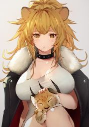 Rule 34 | 1girl, animal, animal ears, arknights, black choker, black coat, blonde hair, blush, breasts, candy, choker, cleavage, closed mouth, coat, commentary, english text, food, fur-trimmed coat, fur trim, grey background, holding, holding animal, jacket, jacket on shoulders, large breasts, lion, lion cub, lion ears, lollipop, long hair, looking at viewer, mouth hold, nido celisius, on lap, open clothes, open coat, ponytail, siege (arknights), simple background, sitting, solo, studded choker, tank top, white tank top, yellow eyes