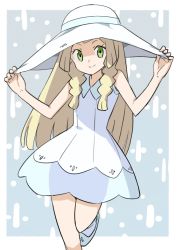 Rule 34 | 1girl, bad id, bad pixiv id, bare arms, blonde hair, blunt bangs, braid, closed mouth, creatures (company), dress, game freak, green eyes, hands on headwear, hat, leg up, lillie (pokemon), long hair, looking at viewer, moera, nintendo, pokemon, pokemon sm, smile, solo, sun hat, twin braids, white dress, white hat