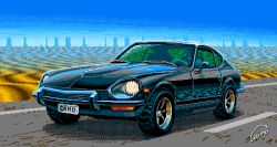 Rule 34 | animated, animated gif, artist name, car, commentary, datsun 240z, desert, english commentary, headlight, lowres, motor vehicle, necrocamo, nissan, nissan fairlady z, no humans, original, pixel art, road, solo, sports car, vehicle focus, wheel