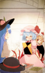 Rule 34 | 5girls, :d, ^ ^, aoi (annbi), bat wings, blonde hair, blue hair, blush, book, book stack, bow, chair, closed eyes, crescent, dress, flandre scarlet, food, fruit, gradient background, hat, hat bow, highres, hinanawi tenshi, manga (object), mob cap, multiple girls, nagae iku, notebook, open mouth, patchouli knowledge, peach, pink dress, pointy ears, puffy short sleeves, puffy sleeves, red dress, red eyes, remilia scarlet, short sleeves, shy, siblings, sisters, sitting, smile, sweat, touhou, v arms, wings