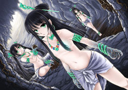 Rule 34 | 3girls, anklet, antaria, barefoot, black hair, cave, choker, claws, dated, dutch angle, earrings, eating, flat chest, green eyes, hair ornament, hoop earrings, jewelry, long hair, looking at viewer, lots of jewelry, monster girl, multiple girls, navel, necklace, open mouth, original, roots, shan hai jing, signature, sitting, standing, topless, twintails