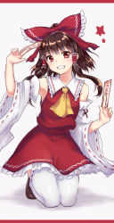 Rule 34 | 1girl, arm ribbon, arm up, armpits, ascot, bare shoulders, blush, border, bow, breasts, brown footwear, brown hair, detached sleeves, dress, frilled bow, frilled shirt collar, frills, full body, grey background, grin, hair bow, hakurei reimu, half updo, hand up, head tilt, highres, holding, kneeling, letterboxed, looking at viewer, monrooru, ofuda, petticoat, red border, red bow, red dress, red eyes, red ribbon, ribbon, ribbon-trimmed legwear, ribbon-trimmed sleeves, ribbon trim, shadow, shiny clothes, shiny legwear, shoes, short hair, sidelocks, simple background, small breasts, smile, solo, star (symbol), thighhighs, thighs, touhou, white thighhighs, yellow ascot