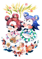 Rule 34 | 2girls, ^ ^, animal crossing, apron, blue hair, blush, brown hair, closed eyes, collared dress, commentary, dress, english commentary, closed eyes, eyeshadow, flower, flower request, freckles, frilled dress, frills, gingham, gingham dress, green dress, half-closed eyes, hands up, hedgehog ears, holding, ink, long dress, long sleeves, looking at another, looking away, looking to the side, mabel able (animal crossing), makeup, multicolored clothes, multicolored dress, multiple girls, nintendo, own hands together, painting (medium), print dress, puffy long sleeves, puffy sleeves, red eyeshadow, sable able (animal crossing), short eyebrows, short hair, siblings, simple background, sisters, spiked hair, standing, thick eyebrows, traditional media, two-tone dress, watercolor (medium), white dress, widow&#039;s peak, yi-wen leow
