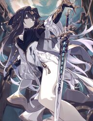 Rule 34 | 1girl, bare legs, black dress, black hair, braid, breasts, china dress, chinese clothes, cleavage, closed mouth, crown, dress, floating, floating object, floating sword, floating weapon, french braid, grey hair, hair between eyes, hair intakes, highres, jewelry, jian (weapon), mao (expuella), mechanical arms, medium breasts, official alternate costume, punishing: gray raven, qu (punishing: gray raven), runes, solo, sword, weapon, white dress