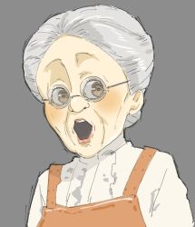 Rule 34 | 1girl, absurdres, apron, bad id, bad twitter id, blush, brown eyes, copyright request, donguri suzume, glasses, grey background, grey hair, hair bun, highres, looking at viewer, old, old woman, open mouth, original, pink lips, shirt, simple background, single hair bun, solo, upper body, virtual youtuber, white shirt