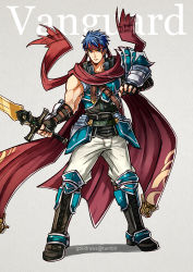 Rule 34 | 1boy, armor, bad id, bad tumblr id, blue eyes, blue hair, breastplate, fingerless gloves, fire emblem, fire emblem: path of radiance, fire emblem: radiant dawn, gloves, greaves, grey background, gzei, headband, holding, holding sword, holding weapon, ike (fire emblem), looking at viewer, male focus, nintendo, pauldrons, scarf, shoulder armor, simple background, solo, sword, weapon