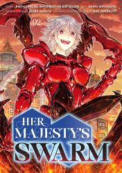 Rule 34 | 1girl, alternate language, armor, braid, breasts, commentary, copyright name, cover, cover page, english commentary, grey hair, highres, holding, holding sword, holding weapon, joou heika no isekai senryaku, long hair, manga cover, medium breasts, minamoto akira, official art, open mouth, red eyes, sharp teeth, smile, solo, sword, teeth, v-shaped eyebrows, weapon, wings