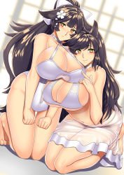 Rule 34 | 2girls, animal ears, artist request, atago (azur lane), atago (summer march) (azur lane), atago (summer march) (azur lane), azur lane, bikini, black hair, blush, bow, breasts, brown eyes, choker, cleavage, dog ears, hair bow, hair ears, hair flaps, huge breasts, kneeling, long hair, looking at viewer, multiple girls, navel, one-piece swimsuit, ponytail, smile, swimsuit, takao (azur lane), takao (beach rhapsody) (azur lane), white bikini, white one-piece swimsuit