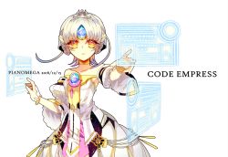 Rule 34 | 1girl, athria, bare shoulders, code: empress (elsword), crown, elsword, eve (elsword), facial mark, forehead jewel, holographic interface, holographic touchscreen, open mouth, short hair, silver hair, white background, yellow eyes
