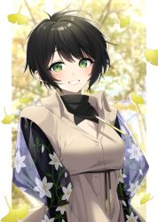 Rule 34 | 1girl, black hair, blush, breasts, clothing cutout, commentary, dress, eyelashes, falling leaves, floral print, green eyes, grin, highres, konogi nogi, leaf, messy hair, original, pin, short hair, signature, smile, solo, symbol-only commentary, teeth, tree, twitter username