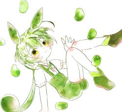 Rule 34 | 1girl, :3, beans, blush, body blush, boots, brooch, colored skin, commentary request, floating, green footwear, green hair, green shorts, green suspenders, hair between eyes, hand up, highres, jewelry, knee up, leg up, long hair, looking at viewer, low ponytail, m (15cmx), painting (medium), shirt, short sleeves, shorts, smile, solo, suspender shorts, suspenders, traditional media, very long hair, voicevox, watercolor (medium), white background, white shirt, white skin, yellow eyes, zundamon