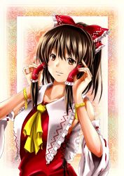 Rule 34 | 1girl, ascot, bad id, bad pixiv id, border, bow, bracelet, brown eyes, brown hair, collarbone, detached sleeves, fingernails, frilled bow, frills, hair bow, hair tubes, hakurei reimu, highres, holding, holding own hair, i-la, jewelry, long hair, looking at viewer, patterned background, ponytail, ribbon-trimmed sleeves, ribbon trim, solo, stitches, touhou