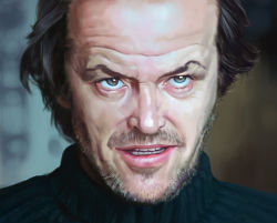 Rule 34 | 1boy, bald, beard, black hair, brown eyes, crazy eyes, facial hair, forehead, gradient background, indoors, jack nicholson, jack torrance (the shining), male focus, manly, messy hair, old, old man, open mouth, parody, photorealistic, portrait, real life, realistic, rolling eyes, solo, stubble, sweater vest, tajim, teeth, the shining, wavy hair