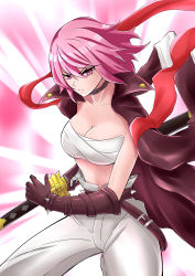 Rule 34 | &gt;:(, 1girl, absurdres, alchemy stars, bandages, bandeau, belt, black belt, black choker, black coat, black gloves, breasts, chest sarashi, choker, cleavage, coat, coat on shoulders, collarbone, commentary, cowboy shot, gloves, hair between eyes, highres, hiiro (alchemy stars), katana, koming, large breasts, looking at viewer, midriff, pants, pink hair, purple eyes, sarashi, scabbard, sheath, short hair, solo, standing, stomach, strapless, sword, tube top, v-shaped eyebrows, weapon, white pants