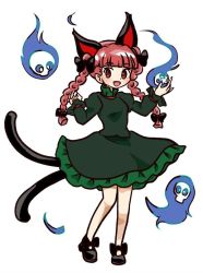 Rule 34 | 1girl, :d, animal ears, bow, braid, cat ears, cat tail, dress, extra ears, fangs, kaenbyou rin, looking at viewer, multiple tails, nekomata, one-hour drawing challenge, open mouth, red eyes, red hair, shoes, smile, solo, tail, touhou, twin braids, two tails, watarohata