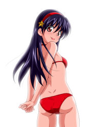 Rule 34 | 1girl, asamiya athena, ass, bikini, black hair, brown eyes, from behind, hair ornament, hairband, inferno (nanbu14), looking back, red bikini, red hairband, simple background, snk, solo, star (symbol), star hair ornament, swimsuit, the king of fighters