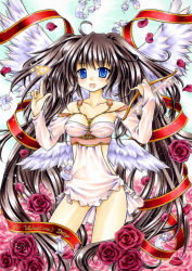 Rule 34 | 1girl, angel, angel wings, bad id, bad pixiv id, bow (weapon), clothing cutout, feathers, flower, funnyfunny, marker (medium), original, petals, red flower, red rose, ribbon, rose, side cutout, solo, traditional media, weapon, wings