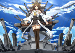 Rule 34 | 10s, 1girl, ahoge, bare shoulders, boots, brown hair, commentary request, detached sleeves, double bun, hairband, japanese clothes, kantai collection, kongou (kancolle), long hair, muunyan (yumenekoya), personification, ribbon-trimmed sleeves, ribbon trim, ship, solo, thigh boots, thighhighs, upper body, watercraft