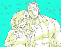Rule 34 | 1boy, 1girl, alternate costume, bare pectorals, blue theme, breasts, casual, cocktail glass, cup, drinking glass, facial hair, halo, large pectorals, long hair, pectoral cleavage, protagonist 2 (housamo), monochrome, muscular, muscular male, open clothes, open mouth, open shirt, pectorals, short hair, smile, stubble, sunglasses, tokyo houkago summoners, upper body, zabaniyya (housamo), zabaniyan