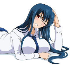 Rule 34 | 1girl, arm support, between breasts, blue hair, breasts, diamond cut diamond, hand on own head, huge breasts, large breasts, long hair, lying, necktie, official art, on stomach, one eye closed, original, red eyes, shigyou yuuyami, shirt, smile, solo, taguchi kenji (omaep), wink