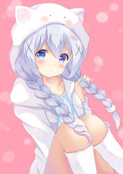 Rule 34 | 1girl, :&lt;, absurdres, blue eyes, blue hair, blue shirt, blush, braid, character hood, closed mouth, collarbone, commentary request, drawstring, gochuumon wa usagi desu ka?, hair between eyes, hair ornament, hand up, head tilt, highres, holding, holding own hair, hood, hood up, hooded jacket, inahori, jacket, kafuu chino, kneehighs, knees up, long hair, long sleeves, looking at viewer, low twintails, open clothes, open jacket, shirt, sitting, socks, solo, tippy (gochiusa), twin braids, twintails, very long hair, white jacket, white socks, x hair ornament