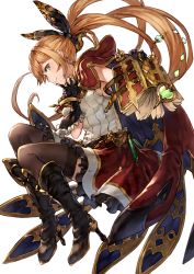 Rule 34 | 10s, 1girl, benitama, book, boots, brown hair, cape, clarisse (granblue fantasy), gloves, granblue fantasy, green eyes, long hair, ponytail, simple background, skirt, smile, solo, thighhighs