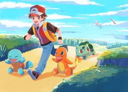 Rule 34 | 1boy, :d, backpack, bag, baseball cap, blue pants, blush, brown eyes, brown hair, bulbasaur, charmander, clenched hands, cloud, commentary request, creatures (company), day, flame-tipped tail, game freak, gen 1 pokemon, grass, hat, highres, jacket, legendary pokemon, male focus, mew (pokemon), mo~zu, mythical pokemon, nintendo, open mouth, outdoors, pants, pokemon, pokemon (creature), pokemon frlg, popped collar, red (pokemon), red headwear, running, shoes, short hair, short sleeves, sky, smile, squirtle, starter pokemon trio, tongue, vs seeker, wristband, yellow bag