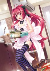 Rule 34 | 1girl, ahoge, apron, cooking, corticarte apa lagranges, curtains, flour, hair intakes, hair ribbon, highres, kannatsuki noboru, knife, long hair, nearly naked apron, no bra, open mouth, oven mitts, panties, pot, red eyes, red hair, ribbon, shinkyoku soukai polyphonica, solo, spill, striped clothes, striped panties, thighhighs, underwear, very long hair, wide ponytail, window