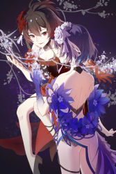 Rule 34 | 2girls, absurdres, backless dress, backless outfit, bare shoulders, blue background, blue gloves, blue hair, bob cut, china dress, chinese clothes, chinese new year, dress, flower, gloves, hair flower, hair ornament, highres, honkai (series), honkai impact 3rd, medium hair, multiple girls, off-shoulder dress, off shoulder, rafaelaaa, red dress, red flower, red gloves, red hair, seele (alter ego), seele vollerei, seele vollerei (stygian nymph), white dress, white flower