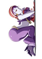 Rule 34 | 1girl, arched back, ass, automatic giraffe, bare shoulders, colored skin, earrings, from side, full body, high heels, jewelry, looking at viewer, purple footwear, purple hair, red eyes, risky boots, shantae (series), simple background, solo, white background