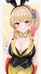 Rule 34 | 1girl, absurdres, animal ears, bare shoulders, black vest, blonde hair, blush, border, bow, bowtie, breasts, bunny garden, champagne flute, cleavage, cup, detached collar, drink, drinking glass, fake animal ears, flower, gradient hair, grin, hair flower, hair ornament, highres, holding, holding cup, holding drink, large breasts, long hair, looking at viewer, miniskirt, multicolored hair, nontraditional playboy bunny, pencil skirt, pink hair, purple background, purple eyes, rabbit ears, rin (bunny garden), side ponytail, skirt, smile, solo, vest, wachikumori, white border, wrist cuffs, yellow background, yellow bow, yellow bowtie, yellow skirt